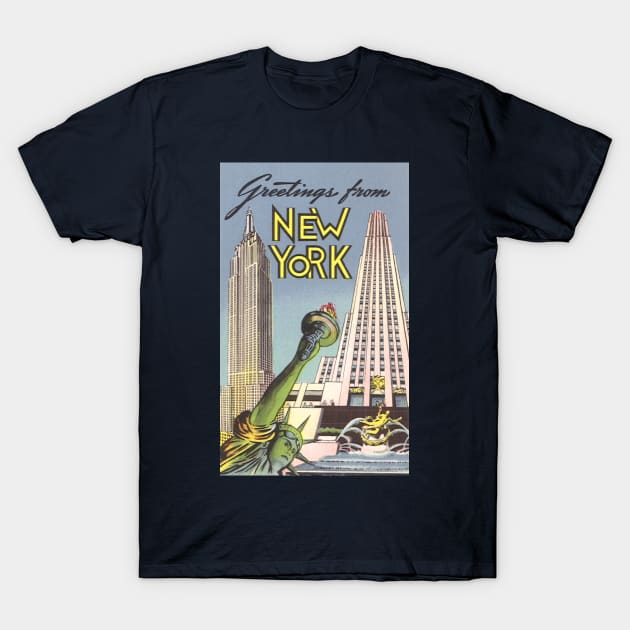 Greetings From New York Travel Poster Landmarks T-Shirt by MasterpieceCafe